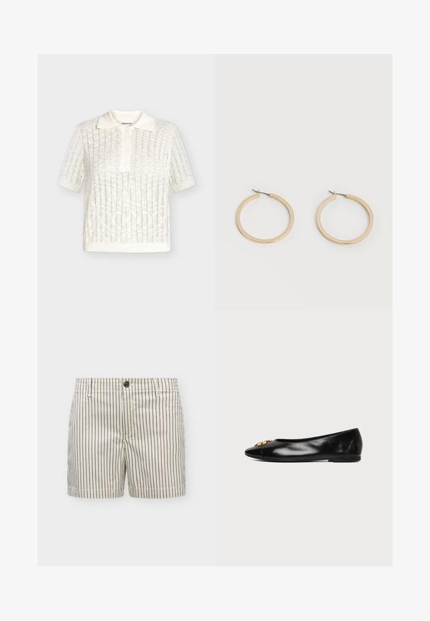 Polo en maille blanche à manches courtes avec motif en dentelle, poignets et bas côtelés, et col avec patte de boutonnage.; Short écru avec fines rayures verticales bleu marine, fermeture par bouton, passants pour ceinture et poches latérales, présenté sur un fond uni.; Chaussure plate en cuir noir avec un bout pointu et un emblème décoratif doré sur fond blanc uni.; Paire de boucles d'oreilles créoles moyennes lisses ton or avec fermoirs à charnière sur fond clair uni.