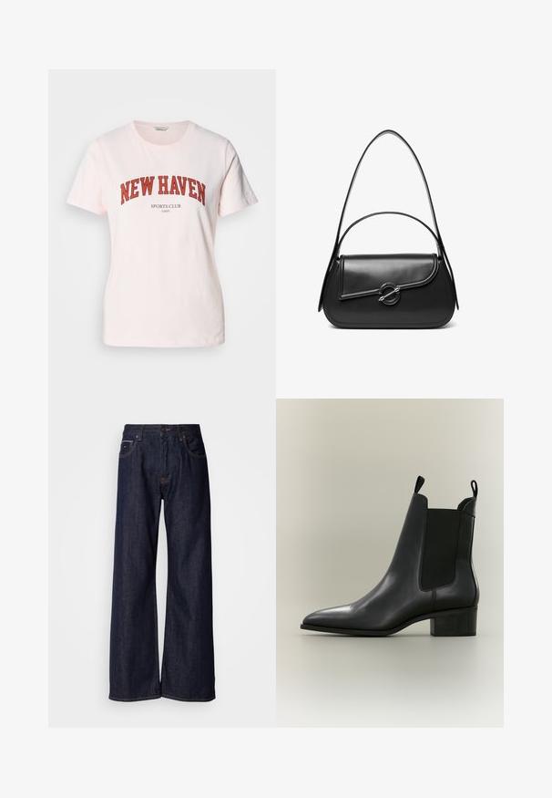 T-shirt en coton rose clair avec "NEW HAVEN" en lettres rouges en gras, et "SPORTS CLUB" en dessous. Manches courtes et col rond.; Jean en denim noir à jambes larges et taille haute, avec poches avant et détails de couture subtils. Texture lisse avec une coupe classique.; Bottine noire en cuir avec bout pointu, petit talon bloc et panneaux latéraux élastiques pour un enfilage facile.; Sac à bandoulière en cuir noir avec un rabat incurvé fermé par un fermoir métallique rond et une sangle fine et ajustable.