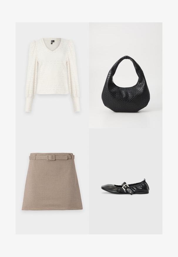 Witte gebreide top met een V-hals, lange pofmouwen en een diamanten patroon. Geribbelde mouwen aan het einde van de mouwen. Zacht, lichtgewicht stof.; Bruin en beige houndstooth-patroon shorts met een tailleriem en strakke lijnen, een gestructureerde pasvorm en een gladde stoftextuur.; Zwarte leren platte schoen met een spitse neus, geplooide details rond de opening en een zilveren gespaccentueerde verstelbare band.; Zwarte geweven handtas met een gebogen handvat, met een gestructureerd oppervlak en een slouchy vorm. Gladde afwerking met een organische silhouette.