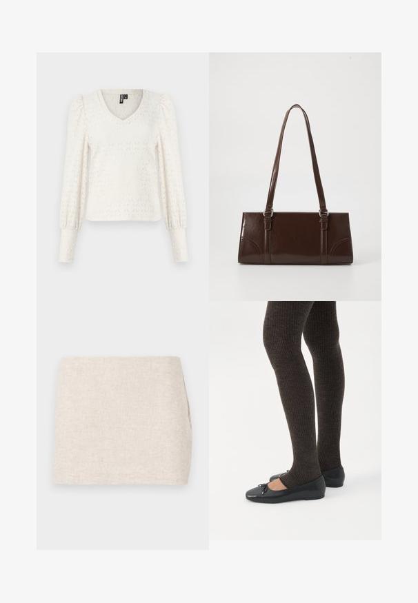 Witte gebreide top met een V-hals, lange pofmouwen en een diamanten patroon. Geribbelde mouwen aan het einde van de mouwen. Zacht, lichtgewicht stof.; Beige linnen rok met een minimaal ontwerp, voorzien van een gladde textuur en subtiele structuur. Het heeft een rechte, eenvoudige snit zonder zichtbare sluitingen.; Benen met donkere geribbelde leggings gecombineerd met zwarte ballerina's met kleine strikdetails op een witte achtergrond.; Bruine lakleren handtas met een rechthoekige vorm, twee lange handvatten en subtiele gebogen accenten aan de voorkant.