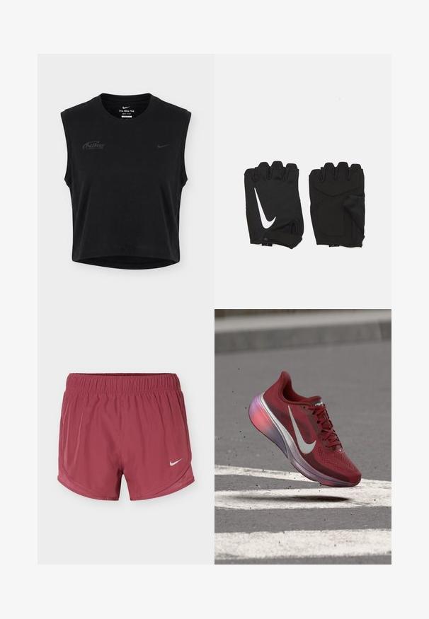 Μαύρο αμάνικο καλοκαιρινό αθλητικό τοπ Nike Dri-FIT με στρογγυλή λαιμόκοψη και διακριτικά λογότυπα Nike στο στήθος και στο γιακά.; Μαρουόν σορτς τρεξίματος Nike με ελαστική μέση και λευκό λογότυπο Nike swoosh στο δεξί πόδι σε μονόχρωμο φόντο.; Κόκκινο αθλητικό παπούτσι Nike με λευκό σήμα, στον αέρα πάνω από άσφαλτο με λευκές λωρίδες δρόμου, με μικρά συντρίμμια να αιωρούνται κοντά.; Μαύρα γάντια γυμναστικής χωρίς δάχτυλα κατασκευασμένα από αναπνεύσιμο ύφασμα, με λευκό λογότυπο Nike, μαξιλαρωμένα παλάμες και ανοιχτό σχέδιο καρπού για ευελιξία.
