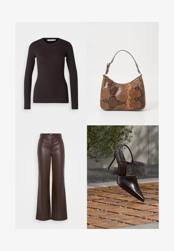 Haut noir à manches longues en tissu doux et extensible. Il présente un col rond et une coupe ajustée avec une texture lisse et sans motifs visibles.; ONLY Tall ONLSMOOTH WIDE - Pantalon classique - seal brown; Mule noire brillante à talons hauts avec bout pointu et bride à la cheville, suspendue au-dessus d'une surface carrelée en terre cuite avec des interstices remplis de gravier.; Petit sac à main avec un motif en peau de serpent marron et noir, courroie courte et ajustable, et fermeture éclair.