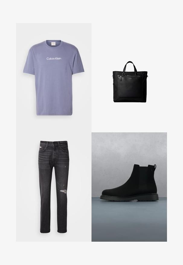 Lilla puuvillane t-särk lühikeste varrukatega ja ümmarguse kaelusega; ees on suured valged tähed, mis kirjutavad "Calvin Klein".; Mustad denim püksid sirge säärega disainiga, kulunud detailidega põlve kohal, viie taskuga stiil ja pehme tuhm viimistlus.; Mustad mustankott, mis on valmistatud siledast materjalist, peente õmblustega, kummitald ja stiilne disain, asetatud puidustruktuuriga pinna kohale.; Must kahe käepidemega kandekott, suur esiosa nahast tasku tõmblukuga ja diskreetne Calvin Kleini logo tasku keskel.