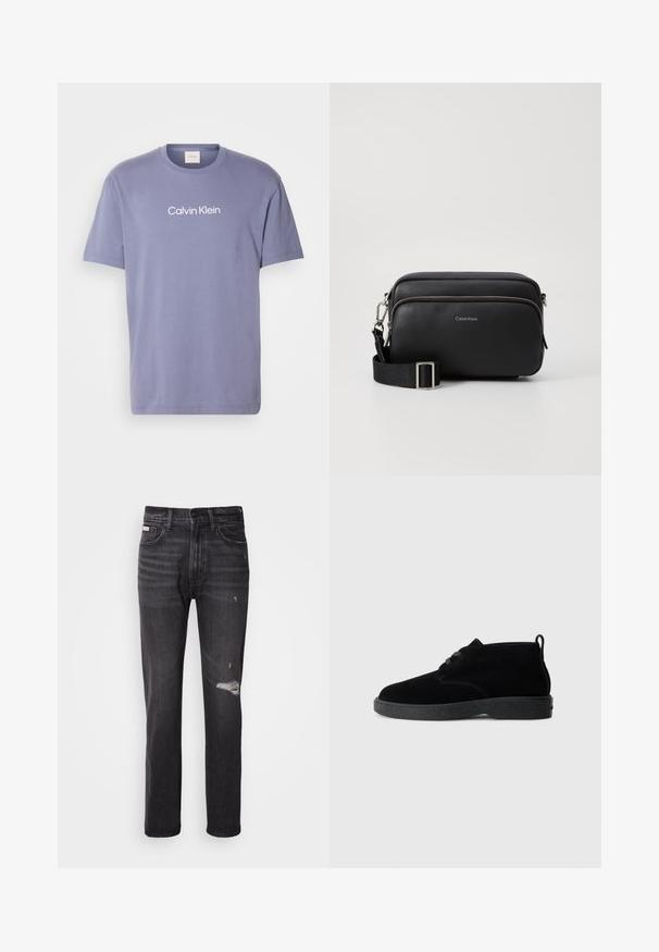 Fialové bavlnené tričko s krátkymi rukávmi a okrúhlym výstrihom; zdobené nápisom "Calvin Klein" bielymi písmenami cez hruď.; Čierne džínsy z denimu s rovnými nohavicami, so zničením v oblasti kolena, štýlom s piatimi vreckami a mierne vyblednutým povrchom.; Čierne suede ankle boots s okrúhlou špičkou, šnurovacími detailmi, čiernou gumovou podrážkou a ťahacou slučkou na zadnej strane pre jednoduché obúvanie.; Čierna kožená crossbody taška s dvoma zipsovými oddeleniami, textúrovaný povrch, nastaviteľný popruh a strieborné kovové akcenty. Zobrazené logo Calvin Klein.