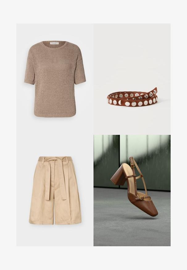 Beige gestrickter Pullover mit kurzen Ärmeln, Rundhalsausschnitt und lockerer Passform. Er zeichnet sich durch ein strukturiertes Muster und einen gerippten Saum aus.; Beige Shorts mit hoher Taille, Gürtelschlaufen, einem Stoffbindegürtel und weiten Beinen, vor einem schlichten Hintergrund dargestellt.; Brauner Lederschuh mit Absatz, spitzer Zehenpartie, verstellbarem Knöchelriemen und goldfarbener quadratischer Schnalle. Glatte Oberfläche und klobiger Absatz.; Braunes Wildleder-Wickelarmband mit gleichmäßig verteilten runden silbernen Nieten und Druckknöpfen, aufgewickelt auf schlichtem weißem Hintergrund.