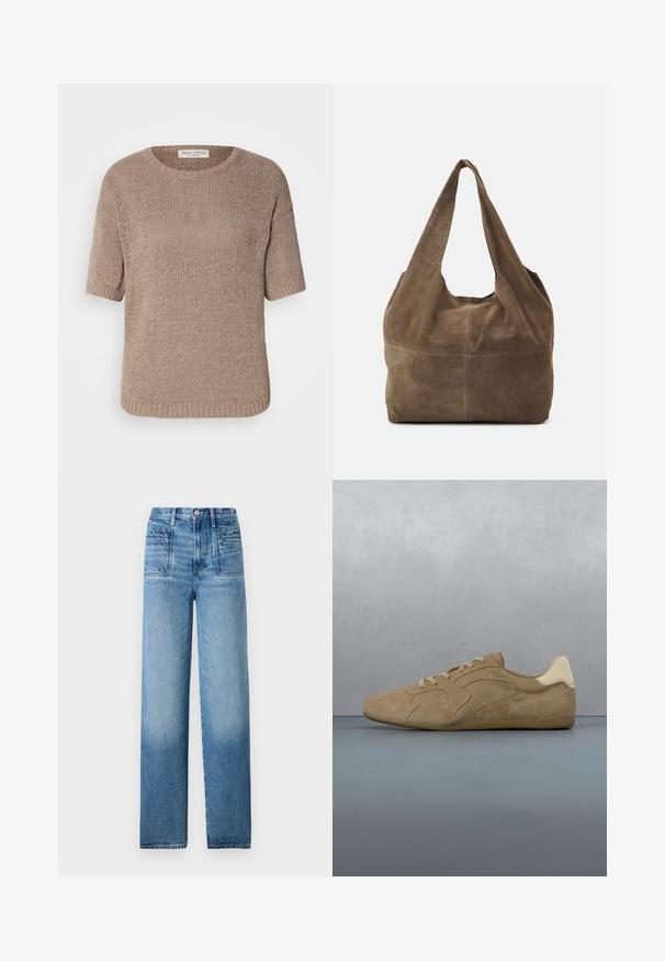 Beige neulepusero, jossa on lyhyet hihat, pyöreä pääntie ja rento istuvuus. Siinä on jännittävä kuviointi ja resorireunat.; Vaaleansiniset denim-farkut, joissa on korkea vyötärö, suora lahje, etutaskut ja haalistunut viimeistely alahelmassa.; Beige mokkanahkainen tennari, jossa on kerma värinen korko, kelluu puulattian ja kivipinnan yläpuolella ulkona, taustalla sumea puu ja betoniseinä.; Ruskea mokkabag, jossa on yksi olkahihna, pehmeä tekstuuri ja pyöreä muoto. Sisältää sauman keskellä lisäyksinä.