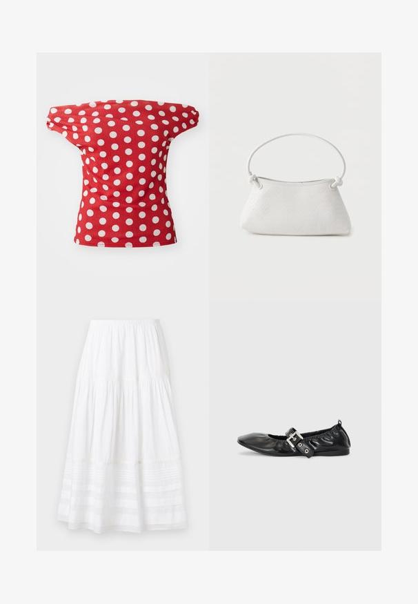 Rød kortærmet top med off-the-shoulder design, der har hvide prikkede mønstre. Fremstillet af glat stof med en tætsiddende facon.; Hvid midi-nederdel med lag og elastisk talje samt horisontale gennemsigtige paneler nær underkanten på en ensfarvet baggrund.; Sorte læder flade sko med spids tå, samling detaljer omkring åbningen, og en sølv spænde accent på den justerbare rem.; Hvid fletlæderhåndtaske med afrundet håndtag og ender på remmen, der er knyttet, vist mod en ensfarvet baggrund.