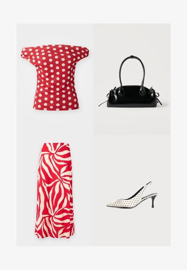 Rød kortærmet top med off-the-shoulder design, der har hvide prikkede mønstre. Fremstillet af glat stof med en tætsiddende facon.; Rødt og hvidt maxiskørt med stort abstrakt bladmotiv, A-formet silhuet og en glat taljebånd.; Hvid læderslingback højhælet sko med sorte polkaprikker og en lille dekorativ sløjfe på den spidse tå mod en ensfarvet baggrund.; Lille sort blank håndtaske med to lange håndtag og snøre-detaljer i siden på en ensfarvet lys baggrund.
