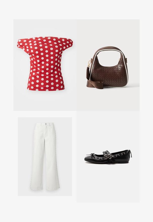 Rotes kurzärmeliges Oberteil mit einem schulterfreien Design, das weiße Punkte aufweist. Hergestellt aus glattem Stoff mit figurschmeichelnder Passform.; Weiße Jeans mit hoher Taille, weitem Bein, vorderen Taschen, Gürtelschlaufen, Knopfverschluss und dekorativem Schnürdetail an beiden Seiten der Beine.; Schwarzer flacher Ballettschuh mit doppelten Schnallenriemen, silbernen Ösen und einer kleinen Schleife nahe der abgerundeten Spitze auf weißem Hintergrund.; Braune gewebte Lederhandtasche mit weißer Paspel, goldenem Reißverschluss und abnehmbarem braunem Stoff-Schulterriemen.