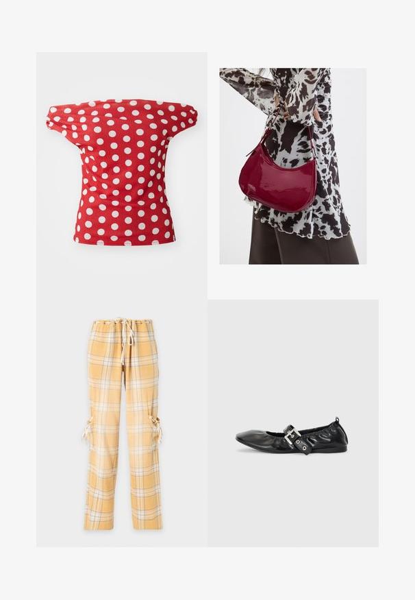 Rød kortærmet top med off-the-shoulder design, der har hvide prikkede mønstre. Fremstillet af glat stof med en tætsiddende facon.; Gule og hvide ternede bukser med snørelukning, knaplukning på sidelommer og afslappet, lige ben på ensfarvet baggrund.; Sorte læder flade sko med spids tå, samling detaljer omkring åbningen, og en sølv spænde accent på den justerbare rem.; Kvinde iført en sort- og hvidmønstret bluse, der holder en blank rød skuldertaske mod en ensfarvet baggrund.