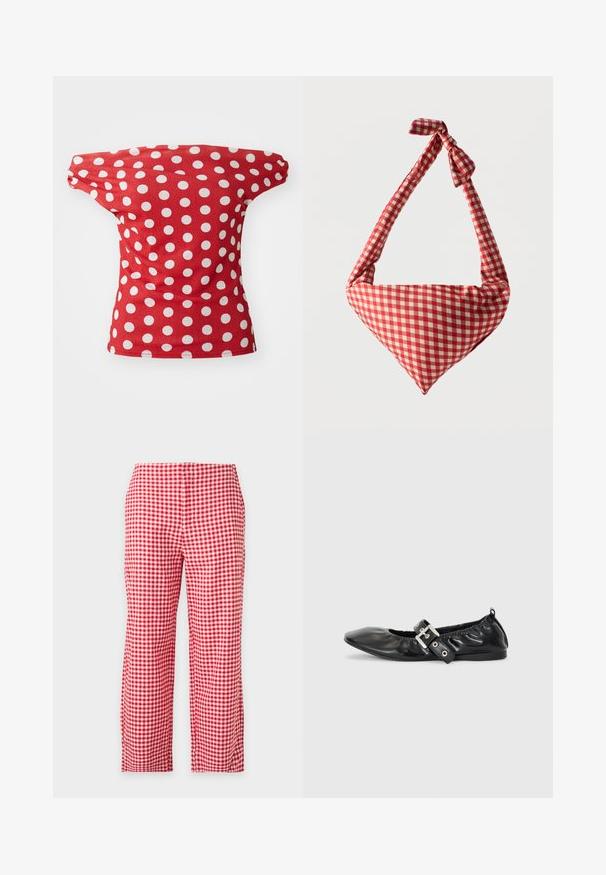 Rød kortærmet top med off-the-shoulder design, der har hvide prikkede mønstre. Fremstillet af glat stof med en tætsiddende facon.; Rød- og hvidternet gingham-bukser med lige ben, fuld længde, vist forfra mod en ensfarvet lys baggrund. Ingen synlige lommer eller knapper.; Sorte læder flade sko med spids tå, samling detaljer omkring åbningen, og en sølv spænde accent på den justerbare rem.; Blød stofskuldertaske med rødt og hvidt ternet mønster, håndtag med bundet knude og trekantet form mod en ensfarvet baggrund.