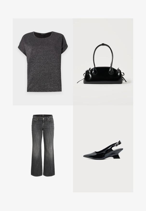 T-shirt noir à manches courtes avec un col rond, doté d'un tissu texturé avec une subtile brillance. Coupe décontractée avec des manches retroussées.; Jeans en denim noir délavé à coupe droite, avec bouton frontal, passants pour ceinture, et design à cinq poches.; Chaussure slingback en cuir verni noir avec bout pointu et petit talon bloc incliné sur fond clair uni.; Petit sac à main noir brillant avec deux longues anses et des détails à cordon sur les côtés sur un fond clair uni.