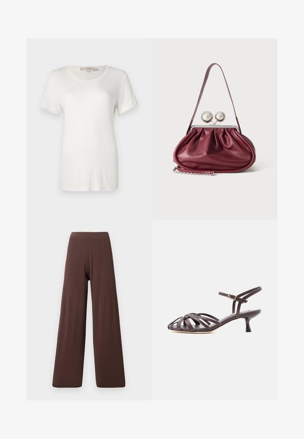 T-shirt blanc à manches courtes en coton doux et extensible. Dispose d'un col rond et d'une texture lisse et unie sans motifs visibles.; Pantalons larges en tissu côtelé marron foncé, avec une taille haute et une silhouette fluide, mettant en avant la texture et le volume.; Sandale à talon kitten en cuir marron foncé avec lanières et bride de cheville réglable à boucle sur fond blanc.; Petit sac à main en cuir bordeaux avec des détails froncés, une fine bandoulière et une fermeture argentée comportant deux gros boutons ronds.