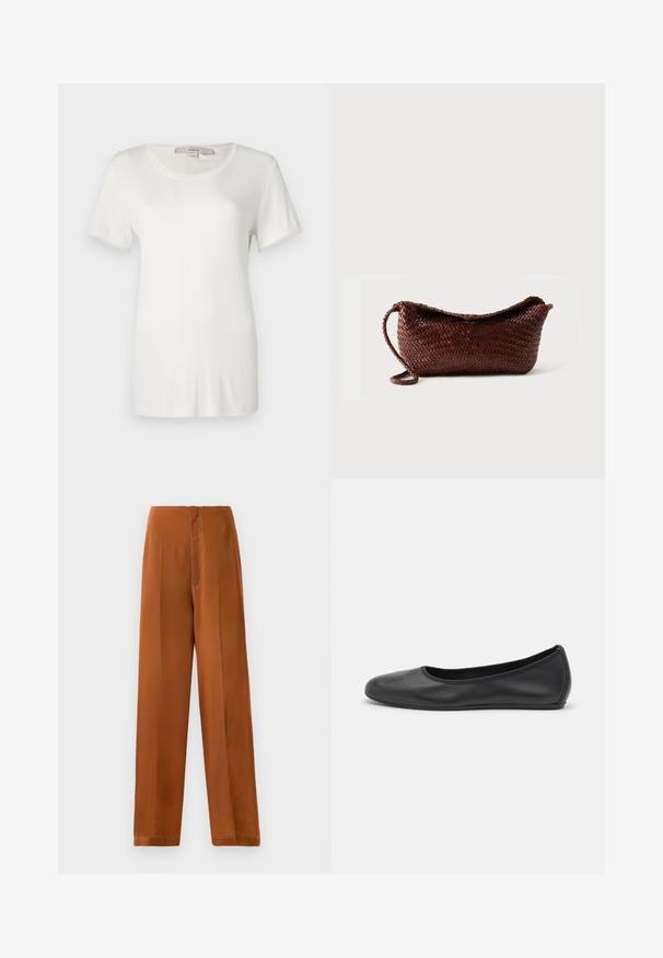 T-shirt blanc à manches courtes en coton doux et extensible. Dispose d'un col rond et d'une texture lisse et unie sans motifs visibles.; Pantalons à jambes larges d'une couleur brun chaud, avec une texture lisse, une taille haute et des coutures blanches contrastantes le long des coutures.; Ballerines en cuir noir avec un bout rond, texture lisse, détails de couture minimalistes et design de semelle flexible.; Sac à main en cuir tressé marron avec une bandoulière unique et un dessus incurvé sur fond blanc uni.