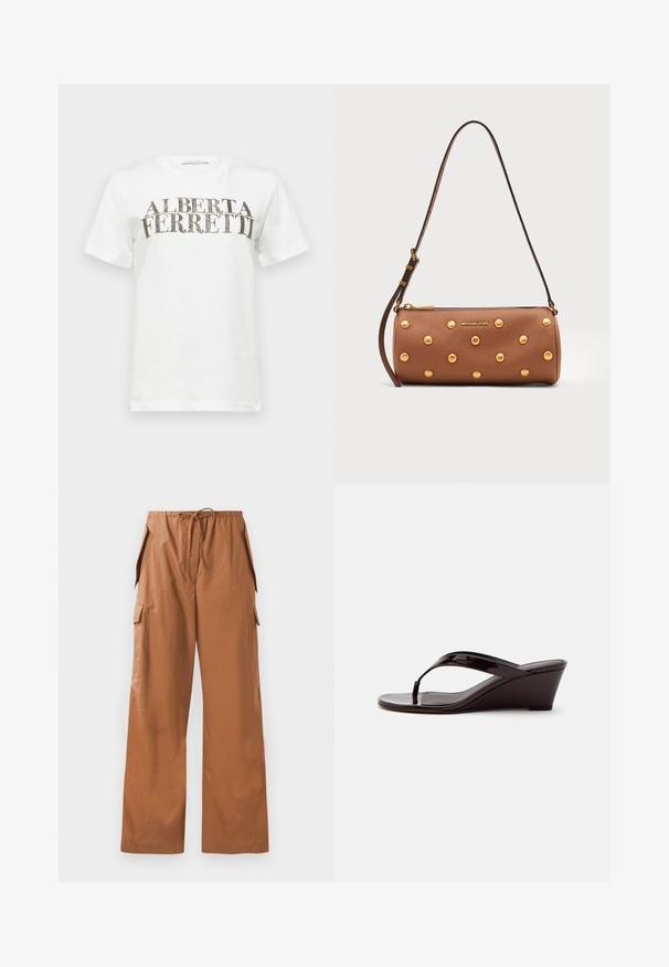 Witte katoenen t-shirt met een opvallend zwart en zilver grafisch tekstontwerp met de tekst "ALBERTA FERRETTI." Korte mouwen en een ronde hals.; Bruine wijde cargo broeken van lichtgewicht stof, met een elastische tailleband met een trekkoord en zijzakken.; Bruine lakleren sleehaksandaal met teenslipperbandje en open teen, zijaanzicht tegen een effen achtergrond.; Bruine leren cilindervormige handtas met gouden studs, verstelbare band en gouden Michael Kors-logo aan de voorkant.