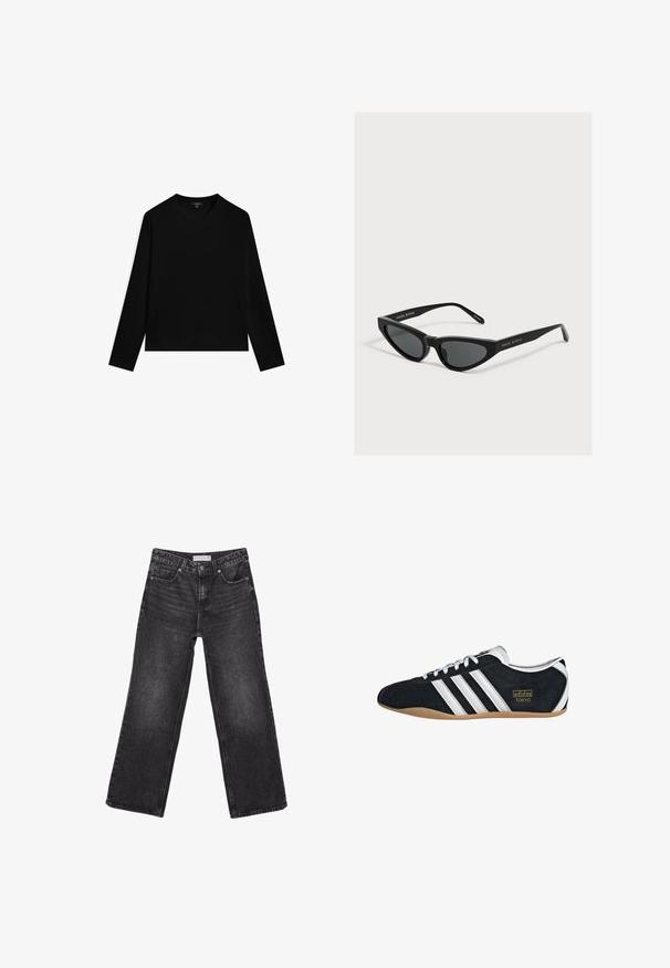 Sort langærmet top lavet af glat stof, med rund halsudskæring og cropped kant. Simpelt design uden synlige mønstre eller accenter.; Sorte jeans med vide ben, forlommer og knaplukning, størrelsesmærke 38 synligt på taljen.; Sort ruskinds sneaker med hvide tre striber, guldlogo og en brun gummisål. Har et lavprofil snørebåndsdesign.; Sorte katteøje-solbriller med mørke linser og tynde stænger, mærket med "MAGDA BUTRYM" på siden.