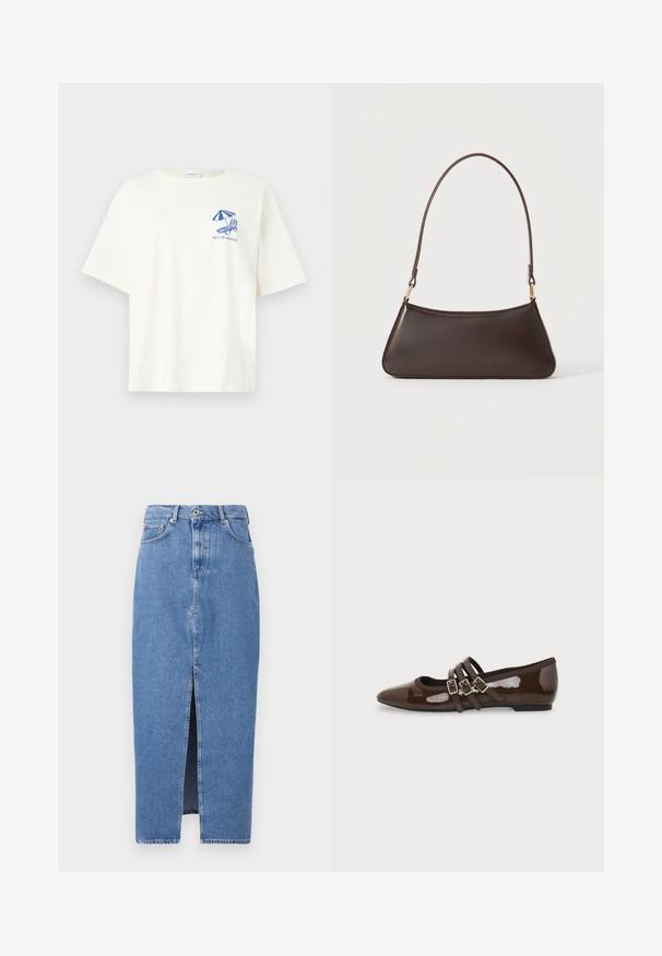 T-shirt blanc à manches courtes avec un graphisme bleu d’une chaise de plage et d’un parasol, avec le texte « OUT OF OFFICE » sur la poitrine gauche.; Jupe midi en denim bleu clair avec une fente avant, design classique à cinq poches et fermeture par bouton supérieur. Le tissu présente une légère texture.; Chaussure plate en cuir verni marron avec bout pointu et trois brides ajustables à boucle sur le côté, vue du profil extérieur.; Sac à main en cuir marron foncé avec une fermeture éclair incurvée en haut et une fine bandoulière avec des fermoirs dorés sur un fond uni.
