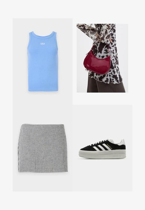 Lyseblå ribbet tanktop med rund udskæring, prydet med hvid "GAP" logo på brystet. Blødt stof, ærmeløs design.; Mini-nederdel med sort og hvid ternet mønster og lige kant mod en ensartet lys baggrund.; Sort ruskind sneaker med hvide læderdetaljer, tre hvide striber, flade snørebånd og en tyk grå platformsål. Guldfarvet "Gazelle" branding.; Kvinde iført en sort- og hvidmønstret bluse, der holder en blank rød skuldertaske mod en ensfarvet baggrund.
