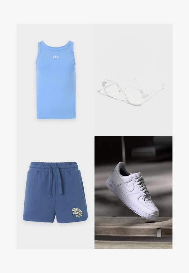 Lyseblå ribbet tanktop med rund udskæring, prydet med hvid "GAP" logo på brystet. Blødt stof, ærmeløs design.; Blå shorts med elastik i taljen, snor, sidelommer og teksten "Minnesota Midwest USA" trykt i gult på venstre ben.; Hvid Nike Air Force 1 sneaker svævende over en betonoverflade med skygger i et minimalistisk miljø.; Gennemsigtige rektangulære briller med klare stel og sider, placeret på en hvid overflade med bløde skygger.