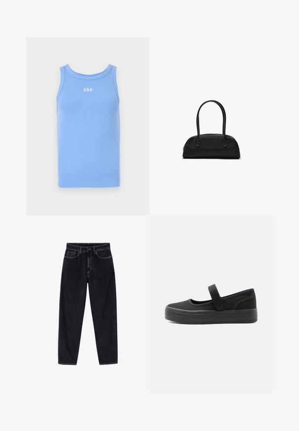 Lyseblå ribbet tanktop med rund udskæring, prydet med hvid "GAP" logo på brystet. Blødt stof, ærmeløs design.; Sorte højtaljede jeans med lige ben, foran med knap, lynlås, bæltestropper og fem lommer, vist på en hvid baggrund.; Sort Mary Jane-sko med tyk gummisål og justerbar velcrolukning, designet til afslappet brug med en rund tå.; Sort læderhåndtaske med lange, runde håndtag og en buet, rektangulær form, der har en lynlåslukning øverst.