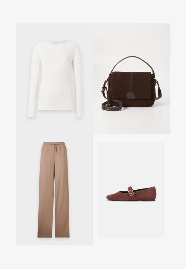 Camisa de algodón blanca de manga larga con escote redondo, textura suave y silueta ajustada. Sin patrones o detalles visibles.; Pantalones beige de pierna ancha con cintura elástica y cordón, hechos de tela ligera, mostrados extendidos sobre un fondo blanco.; Zapato plano Mary Jane de gamuza marrón con una correa de hebilla dorada y suela negra sobre fondo blanco.; Bandolera de ante marrón con una tapa frontal plana, detalles en cuero marrón, correa ajustable y un diseño minimalista.