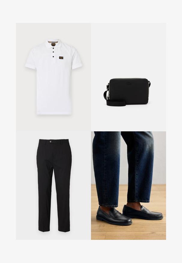 Polo blanca hecha de algodón texturizado, que presenta un cierre de tres botones, mangas cortas y un parche de logo negro en el pecho.; Pantalones negros de tela suave, con cierre de botón, trabillas para cinturón y dos bolsillos laterales. Diseño de pierna recta con un detalle mínimo.; Mocasines de cuero negro con detalles de costura y acentos texturizados, combinados con denim oscuro, mostrando un diseño casual y estilizado.; Bolsa rectangular negra con material texturizado, cierre de cremallera y correa ajustable; presenta un logo sutil en la esquina.