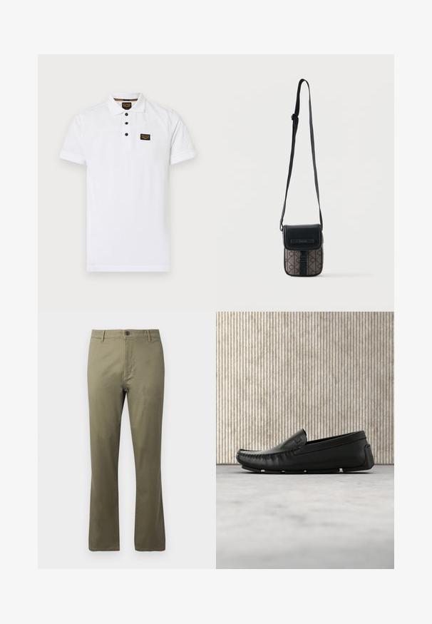 Weißes Poloshirt aus strukturiertem Baumwollstoff, mit einem Drei-Knopf-Verschluss, kurzen Ärmeln und einem schwarzen Logo-Patch auf der Brust.; Olivgrüne Hosen aus Baumwollmischgewebe, mit geradem Bein, Reißverschluss und einem einzelnen Knopfverschluss an der Taille.; Schwarzer Lederloafer schwebt über einem beigen Teppichboden neben einem abgerundeten, bernsteinfarbenen Glastisch.; Kleine rechteckige Umhängetasche mit schwarzer Klappe, verstellbarem Riemen und gemustertem Körper mit wiederholtem Logodesign.