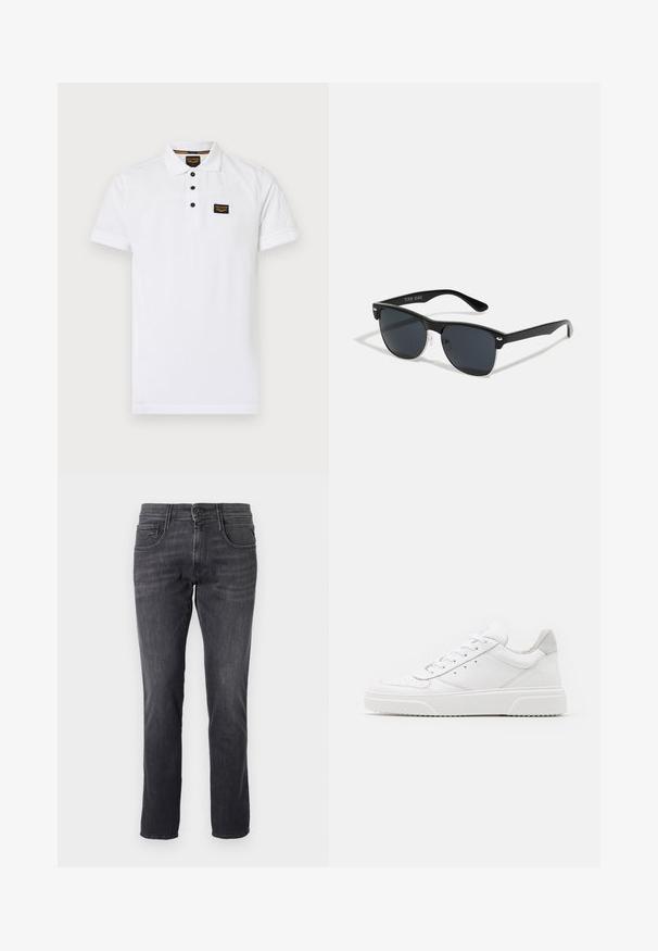 Weißes Poloshirt aus strukturiertem Baumwollstoff, mit einem Drei-Knopf-Verschluss, kurzen Ärmeln und einem schwarzen Logo-Patch auf der Brust.; Dunkelgraue Jeans aus Denim, mit einem klassischen Fünf-Taschen-Design, geradem Schnitt und Metallknopfverschluss an der Taille.; Weiße Leder-Sneaker mit glatter Oberfläche, rundem Zehenbereich, flachen Schnürsenkeln und strukturiertem Schuhsohlen. Graues Wildleder-Detail an der Ferse.; Schwarze Sonnenbrille mit rechteckiger Form, dunklen Gläsern, silbernen Akzenten an den Bügeln und mattierter Oberfläche des Rahmens.