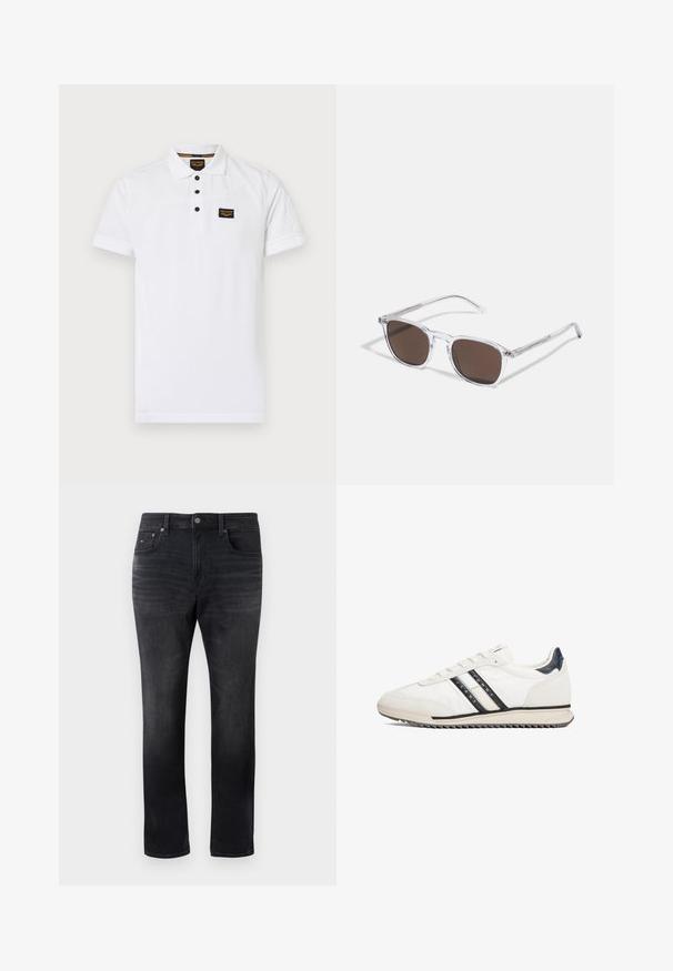 Weißes Poloshirt aus strukturiertem Baumwollstoff, mit einem Drei-Knopf-Verschluss, kurzen Ärmeln und einem schwarzen Logo-Patch auf der Brust.; Schwarze Slim-Fit-Jeans mit verwaschenem Look, Five-Pocket-Design, Knopfverschluss und dezentem Markenlogo auf der Vorderseite der rechten Tasche.; Weißer Sportschuh mit schwarzen und cremefarbenen Streifen, Obermaterial aus glattem Leder, Gummisohle und strukturiertem Fersenakzent. Schnürsenkel und Logo an der Seite.; Klarer Kunststoff-Sonnenbrillen mit rechteckigen braunen Gläsern, ausgestattet mit dünnen, transparenten Bügeln und Metallakzenten an den Schläfen.