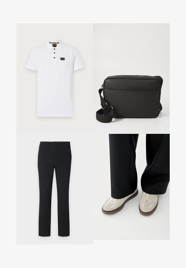 Polo shirt blanc en coton texturé, avec une patte de boutonnage à trois boutons, des manches courtes et une patch logo noir sur la poitrine.; Pantalons noirs à jambe droite en tissu lisse. Présentent une fermeture à bouton sur le devant, des passants de ceinture et deux poches latérales.; Pieds portant des baskets beige avec des semelles marron et un pantalon noir à jambes larges sur fond blanc.; Sac messager noir en tissu texturé, avec une fermeture zippée, une bandoulière réglable et un logo en relief sur le panneau avant.