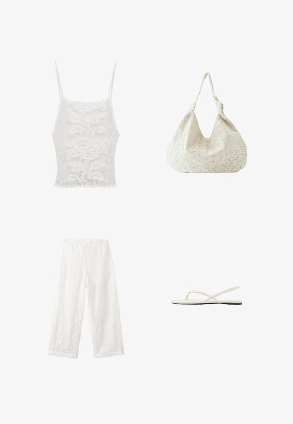 Hvid hæklet top med bølgede kanter og tynde stropper, der har et blomster mønster, lavet af tekstureret blonderlignende materiale.; Hvide bukser med vide ben, elastisk talje og subtilt blomsterrelief på stoffet, vist fladt på en hvid baggrund.; Hvid flad sandal med tynde krydsede remme og en strop bagpå, vist i sideprofil på en hvid baggrund.; Skuldertaske i cremet farvet stof med blomsterbroderi med øjenhuller og en enkelt blød rem.