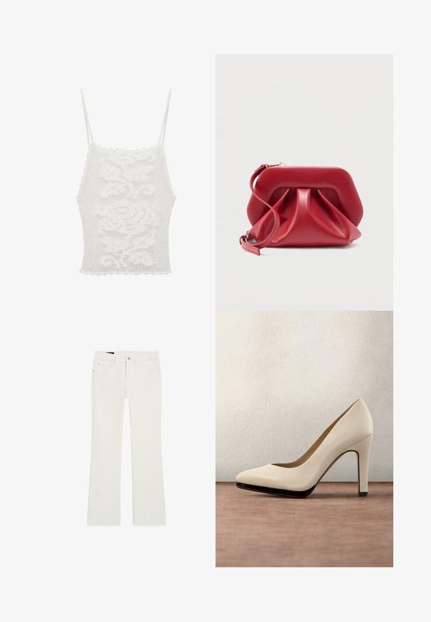 Hvid hæklet top med bølgede kanter og tynde stropper, der har et blomster mønster, lavet af tekstureret blonderlignende materiale.; Hvide jeans med vidde, lavet af bomuldsblanding, der har forlommer, klassisk linning og metallukning med knap. Glat tekstur hele vejen igennem.; Hvid læderhøjhælet sko med spids tå, sort sål og slank hæl. Glat tekstur og klassisk design.; Rød læderclutch med en struktureret ramme og folder, der har en aftagelig håndledsrem og lukning i guld-tone.