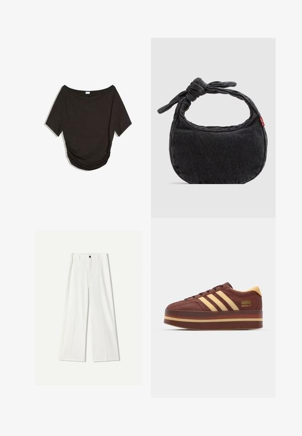 Sort off-shoulder top med korte ærmer, lavet af blødt stof, med rynkede detaljer på siden og en afslappet pasform.; Hvide bukser med bred ben i glat stof, der har en front knaplukning og plisserede detaljer. Flad frontdesign, ingen synlige lommer.; Brune ruskinds sneaker med gule detaljer, der har tre laterale striber, en tyk platformssål og en guldslogo detalje.; Lille sort denim skuldertaske med knyttet rem og lynlåslukning, med en rød Levi's stofetiket på siden.