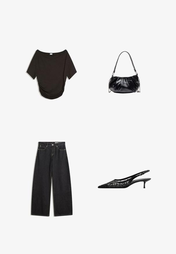 Sort off-shoulder top med korte ærmer, lavet af blødt stof, med rynkede detaljer på siden og en afslappet pasform.; Sort denimbukser i bred model med høj talje, fem lommer, kontraststing og knaplukning. Glat tekstur med klassisk snit.; Sort spids slingback-sko med lav kittenhæl og gennemsigtigt mesh-overdel dekoreret med abstrakt sort syning.; Sort skinnende læder skuldertaske med plisseret design, sølvkæde accenter og en tekstureret rem med nitter.