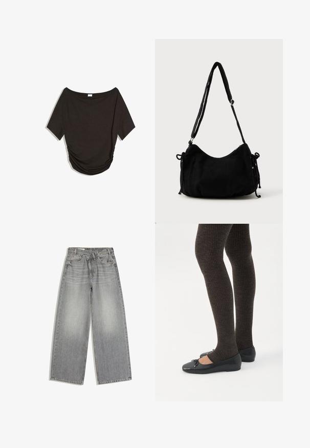 Top negru cu umerii goi, cu mâneci scurte, realizat dintr-un material moale, având detalii strânse pe lateral și un croi lejer.; Jeans gri cu croială largă, din denim, cu închidere cu nasture și fermoar, buzunare frontale și bucle pentru curea, așezate plat pe un fundal alb.; Picioare purtând colanți închiși la culoare cu dungi, asortați cu balerini negri cu detalii mici de fundă pe un fundal alb.; Geantă de umăr din corduroy negru, cu o formă curbată, curea ajustabilă și închideri cu șnur pe ambele părți pentru ajustarea dimensiunii.
