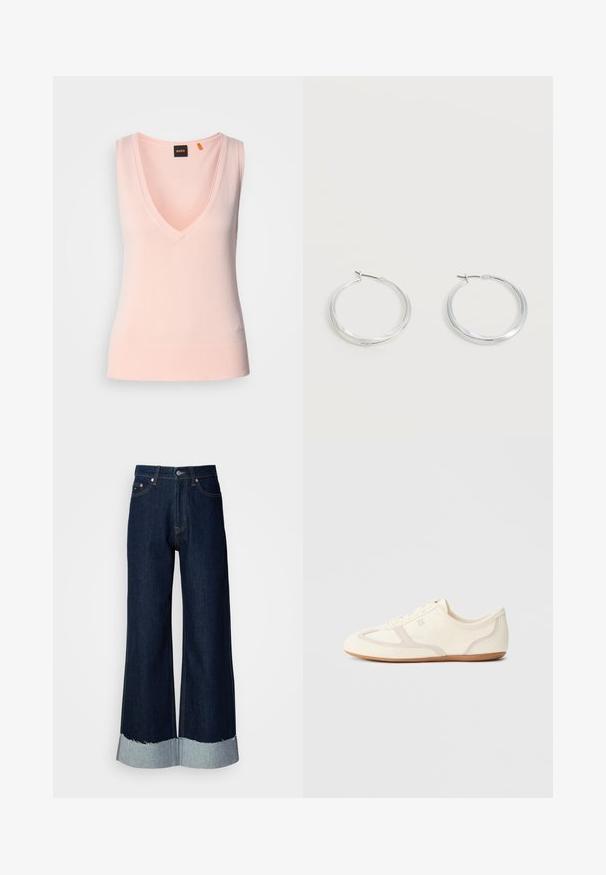 Lys pink udenær sweater med dyb V-udskæring, ribbede kanter, glat tekstur og broderet logo nederst til venstre.; Vide ben mørke denim jeans med en frynset, lys denim kant. Har klassisk fem-lomme stil og metalhardware i taljen.; Sneakers i cremefarve med overdel i ruskind og stof, rundet tå og gummisål med beige detaljer. Snørelukning.; Sølvfarvede metaloorringe med glat, let buet overflade og låsemekanisme på en ensfarvet hvid baggrund.