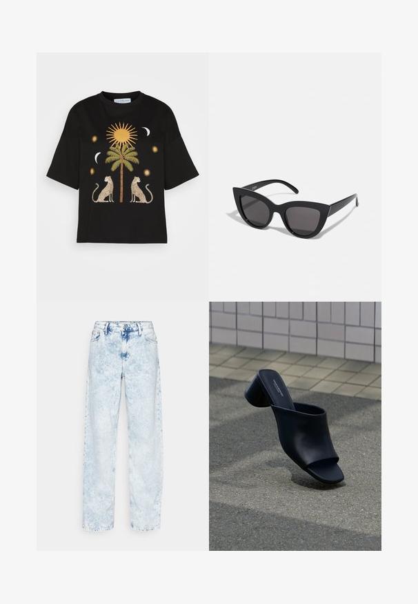 T-shirt en coton noir avec un design central de palmier, flanqué de deux léopards, de graphiques de soleil et de lune dans des tons dorés et crème.; Calvin Klein Jeans 90'S STRAIGHT - Jean droit - denim light; Mule en cuir noir à bout ouvert avec talon bloc, positionnée sur l'asphalte près d'une surface carrelée en arrière-plan.; Lunettes de soleil noires en forme d'œil de chat avec une finition mate, dotées de verres teintés gris, d'angles aigus et de branches élégantes. Nom de la marque visible sur la branche intérieure.