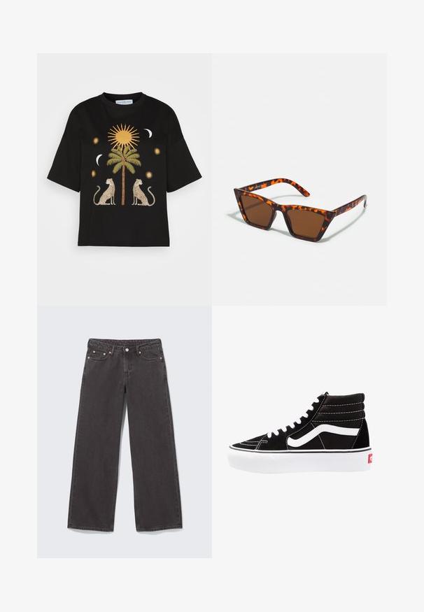 T-shirt en coton noir avec un design central de palmier, flanqué de deux léopards, de graphiques de soleil et de lune dans des tons dorés et crème.; Jean en denim noir à jambes larges avec rivets en cuivre, cinq poches et fermeture par boutons. Texture douce et robuste, coupe droite de la taille à l'ourlet.; Baskets montantes noires avec des lacets blancs, un logo blanc et des coutures blanches contrastées. Dotées d'une épaisse semelle blanche et d'un dessus en daim texturé.; Lunettes de soleil teintées de brun avec un motif écaille de tortue, monture angulaire et branches fines. Matériau en plastique léger.