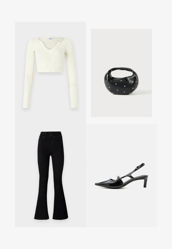 Pruhovaný crop top z off-white pleteniny. Dlhé rukávy s rebrovanou textúrou a malými výrezmi okolo výstrihu.; Pepe Jeans FLARE CONTOUR - Zvonové džínsy - black denim; Čierna lakovaná slingback obuv s ostrou špičkou, nízkym opätkom a dvoma nastaviteľnými prackami, zobrazená z profilu.; Čierna kožená kabelka s zaobleným tvarom, zdobená striebornými cvočkami a krátkym rúčkou. Hladká textúra a zapínanie na zips.