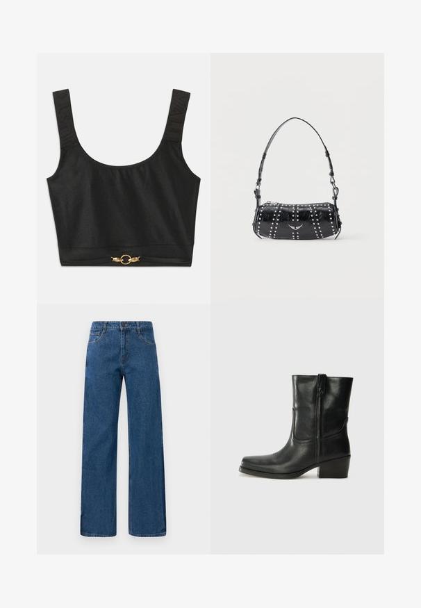 Sort cropped top med brede stropper; strukturerede stropper med "JUST" præget; har guldtonet cirkulært hardware ved nederkanten.; Blå højtaljede vide ben-jeans med for- og baglommer, knaplukning og synlig syning på en hvid baggrund.; Sort læder ankelstøvle med rundt tå, blokhæl, lynlås i siden og stikninger på vampsiden. Glat tekstur, klassisk design.; Sort skuldertaske i laklæder med sølvnitter i lodrette rækker og et lille sølvfugleemblem midt på fronten.
