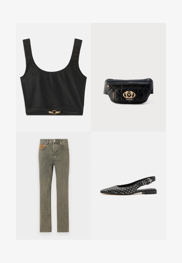 Sort cropped top med brede stropper; strukturerede stropper med "JUST" præget; har guldtonet cirkulært hardware ved nederkanten.; Grønne denimjeans med lige ben, der har en brun corduroy-lomme som accent og subtilt slid på hele stoffet.; Sorte slingback flade sko med spidset tådesign, prydet med sølvfarvede, cirkulære øjer samt en lav blokhæl og justerbar spænde.; Sort quiltet læderbæltetaske med guld Love Moschino-logo og lynlåslomme foran på hvid baggrund.