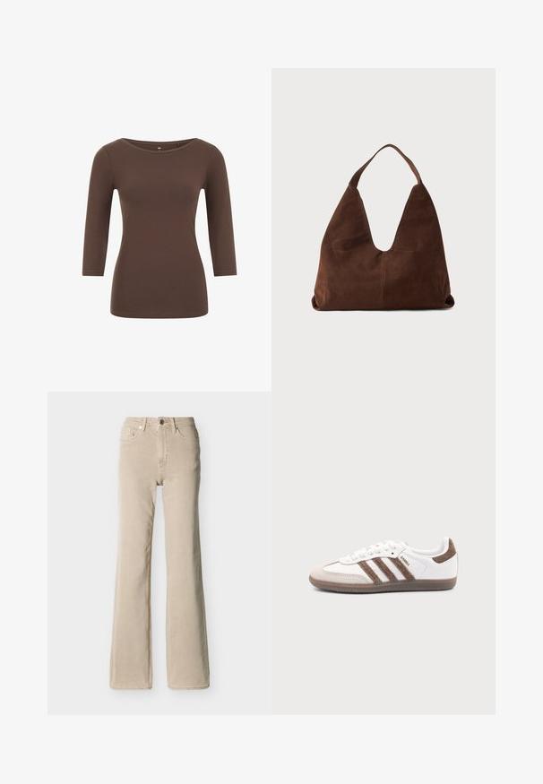 Braunes Langarmoberteil mit rundem Ausschnitt, aus weichem Material. Besitzt ein tailliertes Design und eine glatte Textur.; Beige hochtaillierte Jeans mit vorderer Knopfleiste und Reißverschluss, fünf Taschen und leicht ausgestelltem Bein vor einfarbigem Hintergrund.; Weißer Adidas Samba Sneaker mit braunen Wildlederstreifen, brauner Gummisohle und beiger Wildlederkappe, von der Außenseite auf schlichtem Hintergrund gezeigt.; Braune Wildleder-Hobo-Tasche mit einer tiefen V-förmigen Öffnung, einem einzigen breiten Tragen und einer weichen Textur; minimaler Näherung und klare Linien.