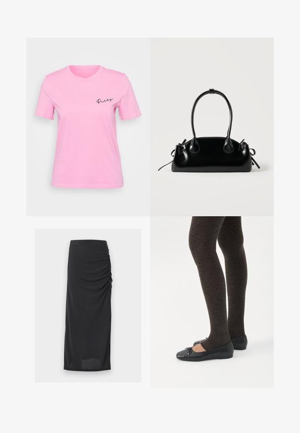Roze katoenen T-shirt met korte mouwen, een ronde halslijn en het woord "Party" in sierlijk zwart lettertype op de linkerborst.; Zwarte midirok met een elastische tailleband en een geplooid gerimpeld detail aan de rechterkant.; Benen met donkere geribbelde leggings gecombineerd met zwarte ballerina's met kleine strikdetails op een witte achtergrond.; Kleine zwarte glanzende handtas met twee lange hengsels en zijkant trekkoord details op een effen lichte achtergrond.