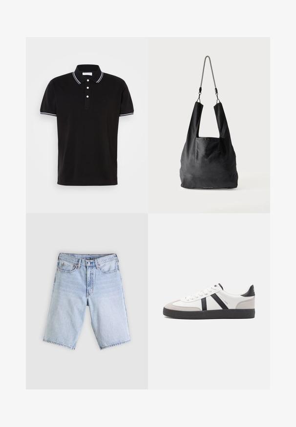 Polo noir en coton, doté d'une patte de boutonnage à trois boutons, d'un passepoil blanc sur le col et les manches, et d'un logo discret.; Shorts en denim bleu clair avec bouton et fermeture éclair à l'avant, passants pour ceinture et design à cinq poches, posés à plat sur un fond blanc.; Baskets blanches avec des accents noirs et gris, présentant un embout texturé gris, une semelle en caoutchouc noir et des lacets plats blancs. Design épuré, style minimaliste.; Sac fourre-tout en tissu noir doux avec de larges anses et une fine bandoulière tressée noire et blanche.