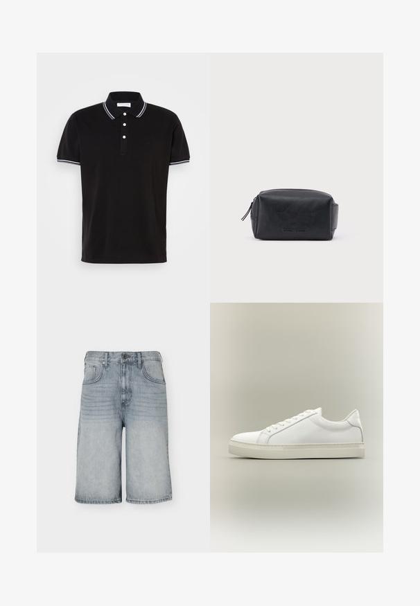 Camisa polo negra de algodón, con un cierre de tres botones, ribetes en blanco en el cuello y las mangas, y un logo discreto.; Pantalones cortos vaqueros azul claro hasta la rodilla con bolsillos delanteros, trabillas para cinturón y cierre de botón sobre un fondo blanco.; Zapatilla blanca de perfil bajo con cordones en la parte delantera y suela gruesa, mostrada de lado sobre un fondo neutro.; Bolsa de aseo rectangular de cuero negro con cremallera y nombre de marca en relieve en la parte frontal, sobre un fondo blanco liso.