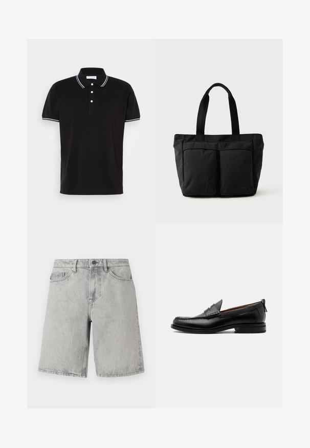 Sort polo-shirt lavet af bomuld, med en tre-knaps lukning, hvid kant på kraven og ærmerne samt diskret logodetaljering.; Lysegrå denimshorts med knap- og lynlåslukning, bæltestropper og forlommer, vist mod en hvid baggrund.; Sort læder herre loafer med moc-tå syning, penny strop, struktureret krave og lav stablet hæl på hvid baggrund.; Sort tote bag med blødt stof, to forlommer og robuste håndtag. Logo vist på siden. Enkel, funktionel design.