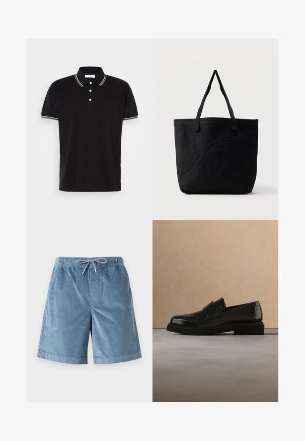Sort polo-shirt lavet af bomuld, med en tre-knaps lukning, hvid kant på kraven og ærmerne samt diskret logodetaljering.; Blå manchestershorts med elastisk linning og snøre foran, knælængde pasform og diskret lodret ribbet struktur.; Sort læderloafer svæver over et beige tekstureret tæppe, med et rundt træ-sofabord og bøger i baggrunden.; Sort canvas-tote-taske med to skulderstropper og et diskret præget cirkeldesign på fronten.
