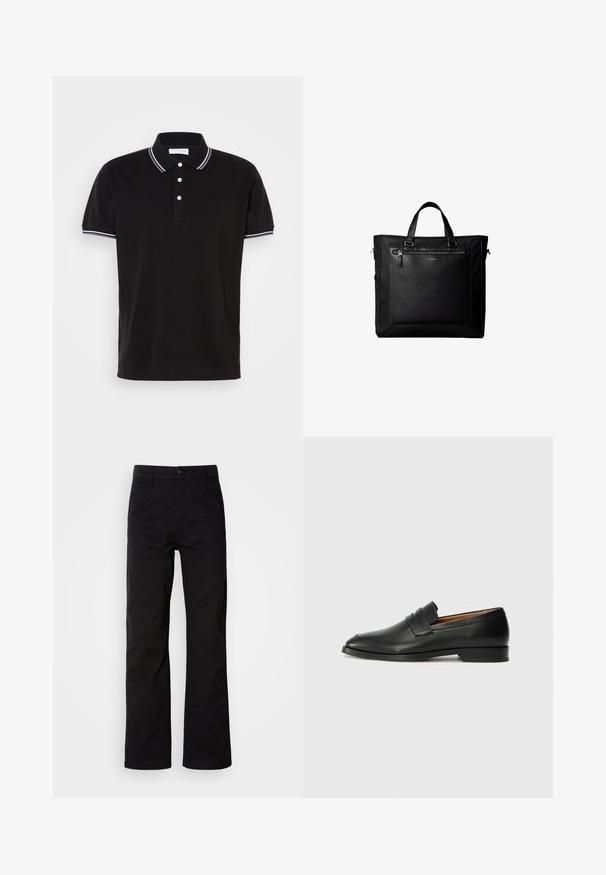 Sort polo-shirt lavet af bomuld, med en tre-knaps lukning, hvid kant på kraven og ærmerne samt diskret logodetaljering.; Sort bomuldsbukser med lige ben, der har knaplukning og bæltestropper. Glat tekstur og minimalistisk stil uden synlige mønstre.; Sort læder loafer med rund tå, diskret syning, og lav hæl, der har en glat tekstur og minimalistisk design.; Sort taske med dobbelte håndtag, stor læderlomme foran med lynlås og diskret Calvin Klein-logo midt på lommen.