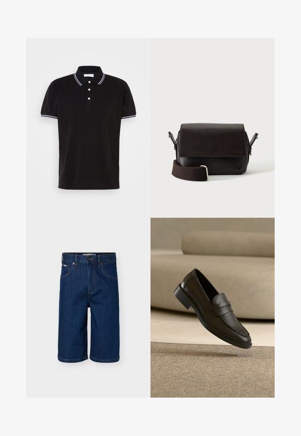 Camisa polo negra de algodón, con un cierre de tres botones, ribetes en blanco en el cuello y las mangas, y un logo discreto.; Pantalones cortos vaqueros azul oscuro con bolsillos delanteros, presillas para cinturón, cierre de botón y costuras en contraste.; Zapato mocasín de cuero negro descansando sobre una alfombra beige con un sofá beige curvado en el fondo.; Bolso bandolera de cuero marrón oscuro con cierre de solapa y correa de tela ajustable sobre fondo blanco.