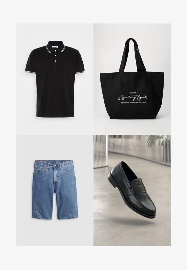 Sort polo-shirt lavet af bomuld, med en tre-knaps lukning, hvid kant på kraven og ærmerne samt diskret logodetaljering.; Blå denimshorts med forreste knap og lynlås, bæltestropper og fem-lomme design på en lysegrå baggrund.; Sort lædersko med glat tekstur, spids tå og en dekorativ rem over vristen. Letvægts sål, minimalistisk design.; Sort lærred tote bag med dobbelt robuste håndtag. Har hvid tekst: "LES DEUX Sporting Goods" og "Inspireret af fællesskabet siden 2011."